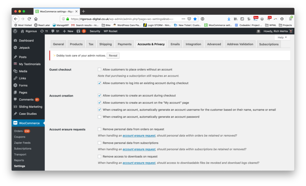 A screenshot of the Data Protection Settings in Woocommerce; useful when assessing GDPR for small charities