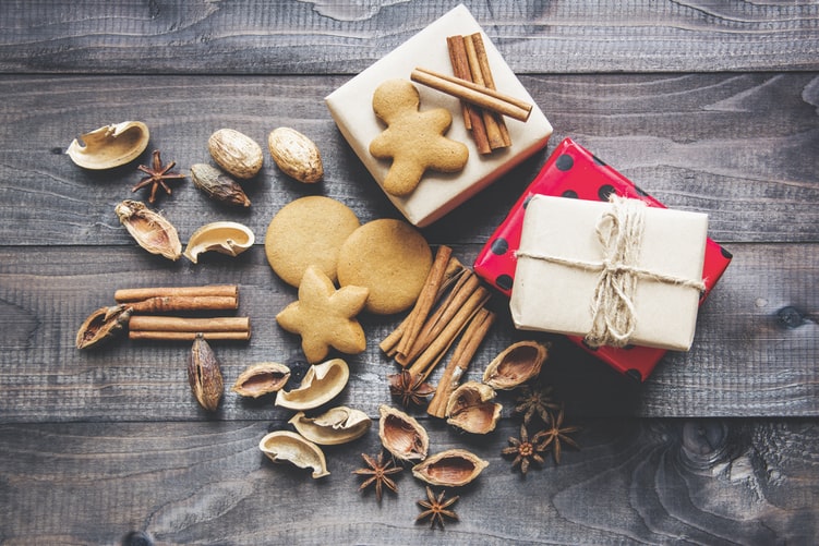 Picture of Christmas gifts, nuts, spices and gingerbread biscuits for Charity Christmas Closure post. 