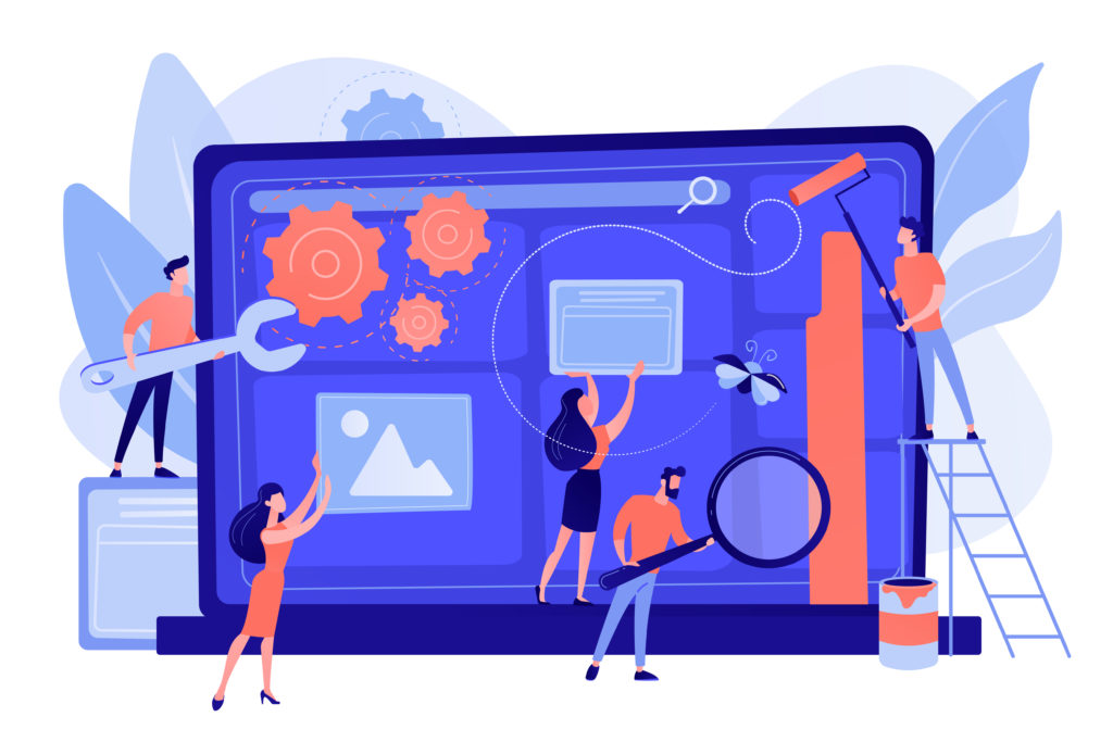 Abstract graphic of laptop screen with figures using spanner and paintbrush to refresh page to illustrate WordPress Maintenance Checklist